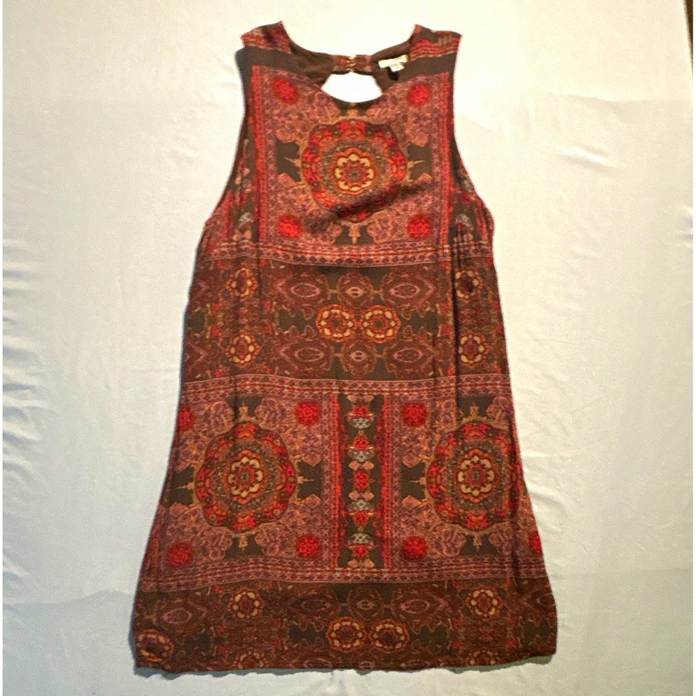 Ecote Medallion Paisley Open Back Shift Dress Brown Rust Boho Mini Dress Medium